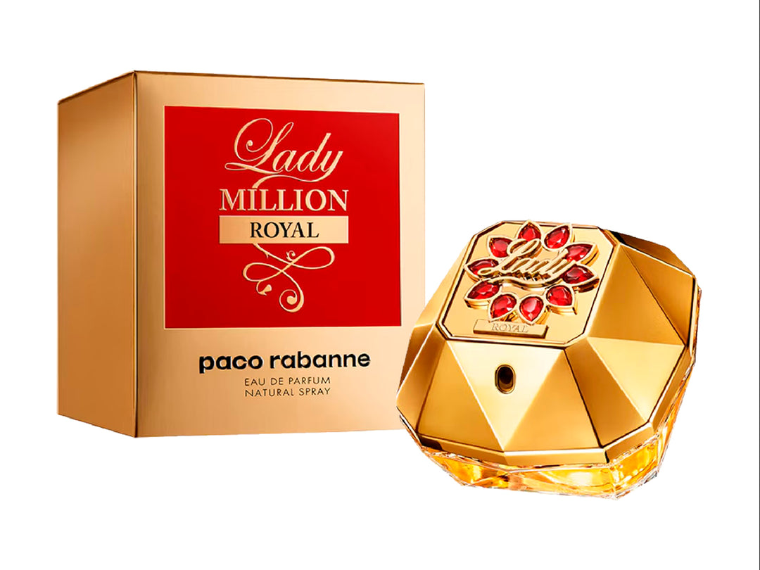 Perfume Paco Rabanne Lady Million Royal en frasco dorado con forma de diamante y caja dorada con detalles rojos.