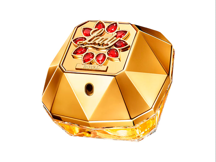 Perfume Paco Rabanne Lady Million Royal en frasco dorado con forma de diamante y caja dorada con detalles rojos.