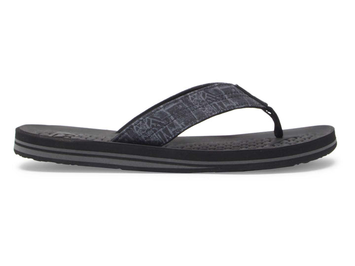Sandalias Quiksilver color negro con correa estampada en tonos grises y suela plana.