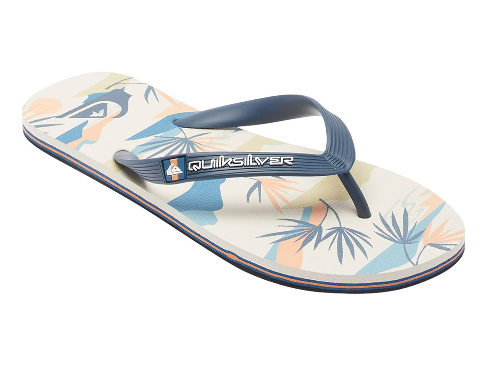 Sandalias Quiksilver para hombre en colores azul, blanco y naranja con diseño gráfico en la plantilla.