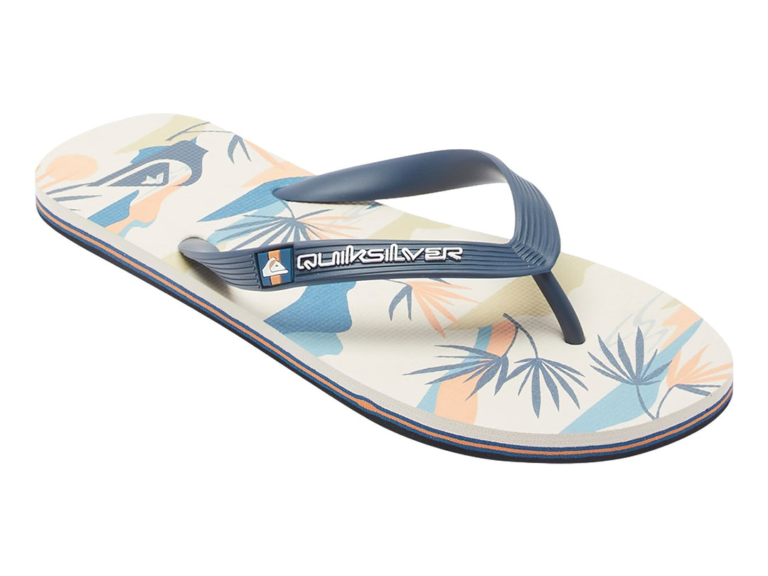 Sandalias Quiksilver para hombre en colores azul, blanco y naranja con diseño gráfico en la plantilla.