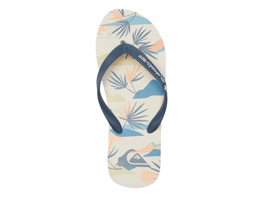 Sandalias Quiksilver para hombre en colores azul, blanco y naranja con diseño gráfico en la plantilla.