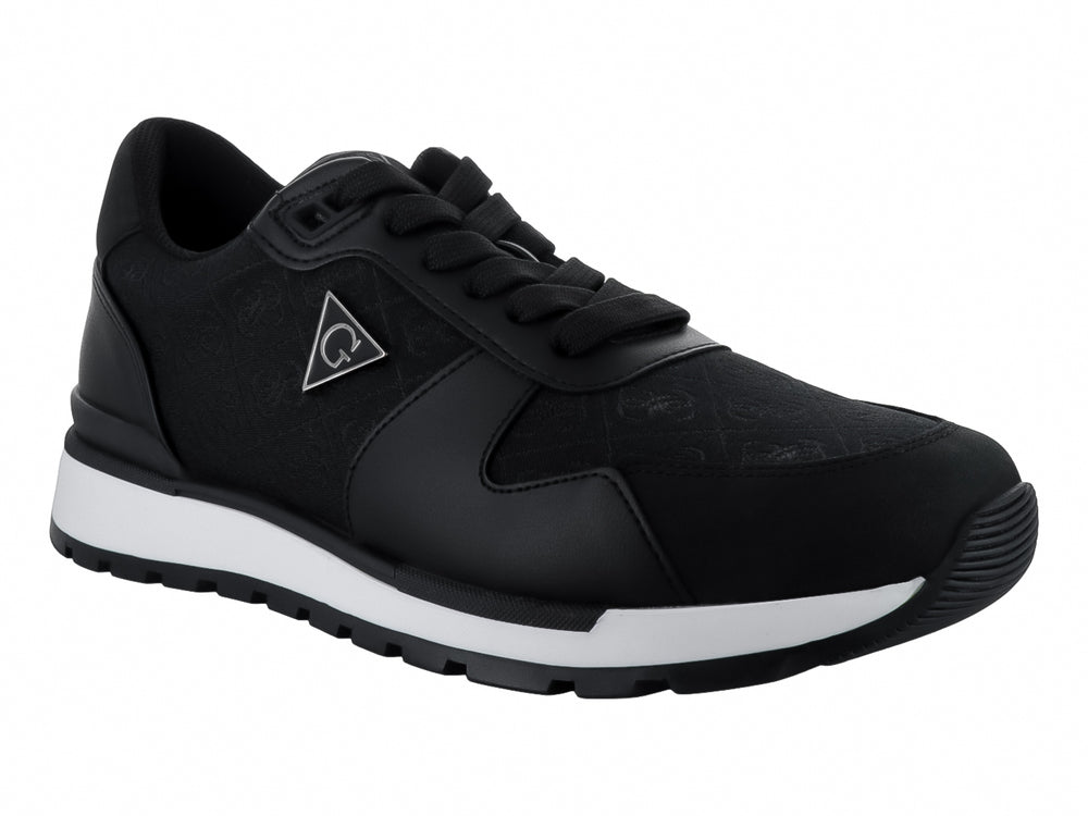 Tenis Guess modelo Reinha en color negro con suela blanca y detalles sintéticos.