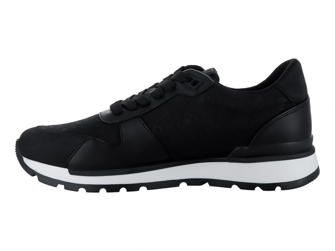 Tenis Guess modelo Reinha en color negro con suela blanca y detalles sintéticos.