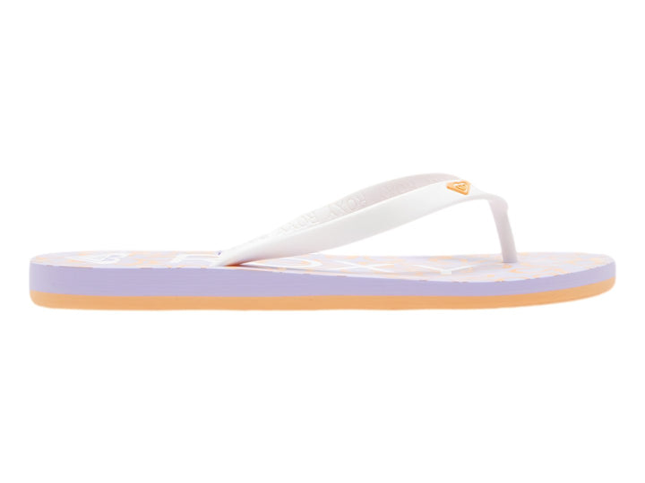 Sandalias Roxy Tahiti color blanco y lavanda con suela plana y correa en Y.