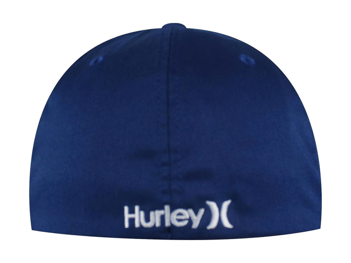 Gorra azul de la marca Hurley con logotipo blanco bordado en el frente y visera curva.