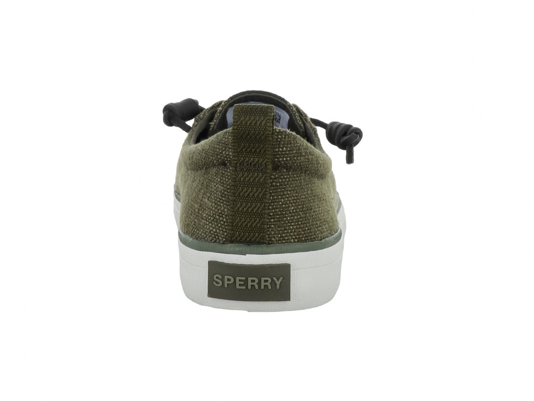 Zapato Sperry modelo Crest Vibe en color oliva con suela blanca y cordones marrones elásticos.