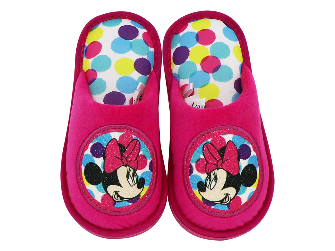 Par de pantuflas rosas para niña con diseño de Minnie Mouse y suela multicolor.