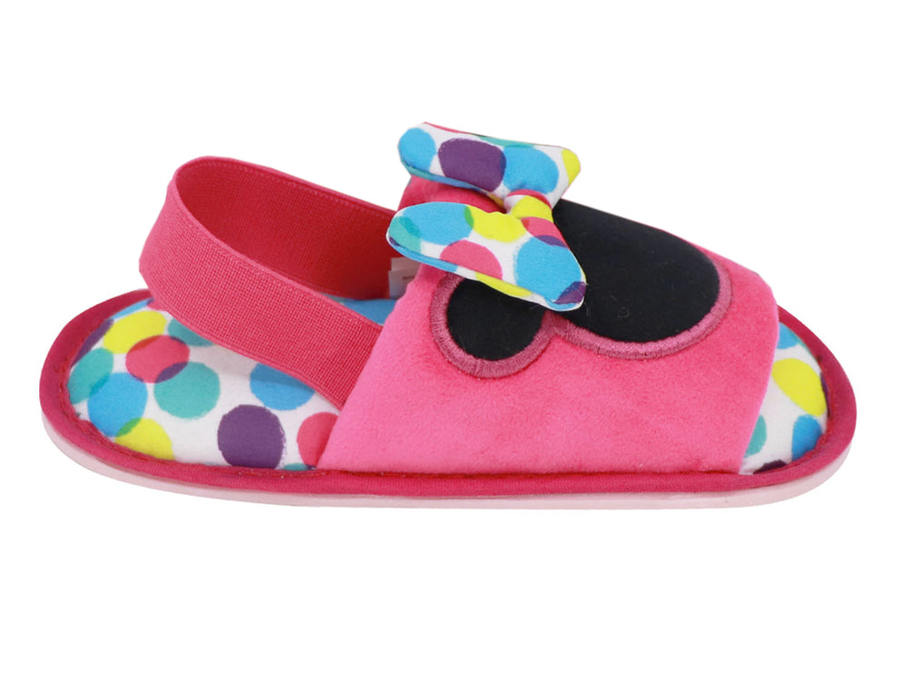 Par de pantuflas rosas infantiles con diseño de Minnie Mouse, moño multicolor y lunares.