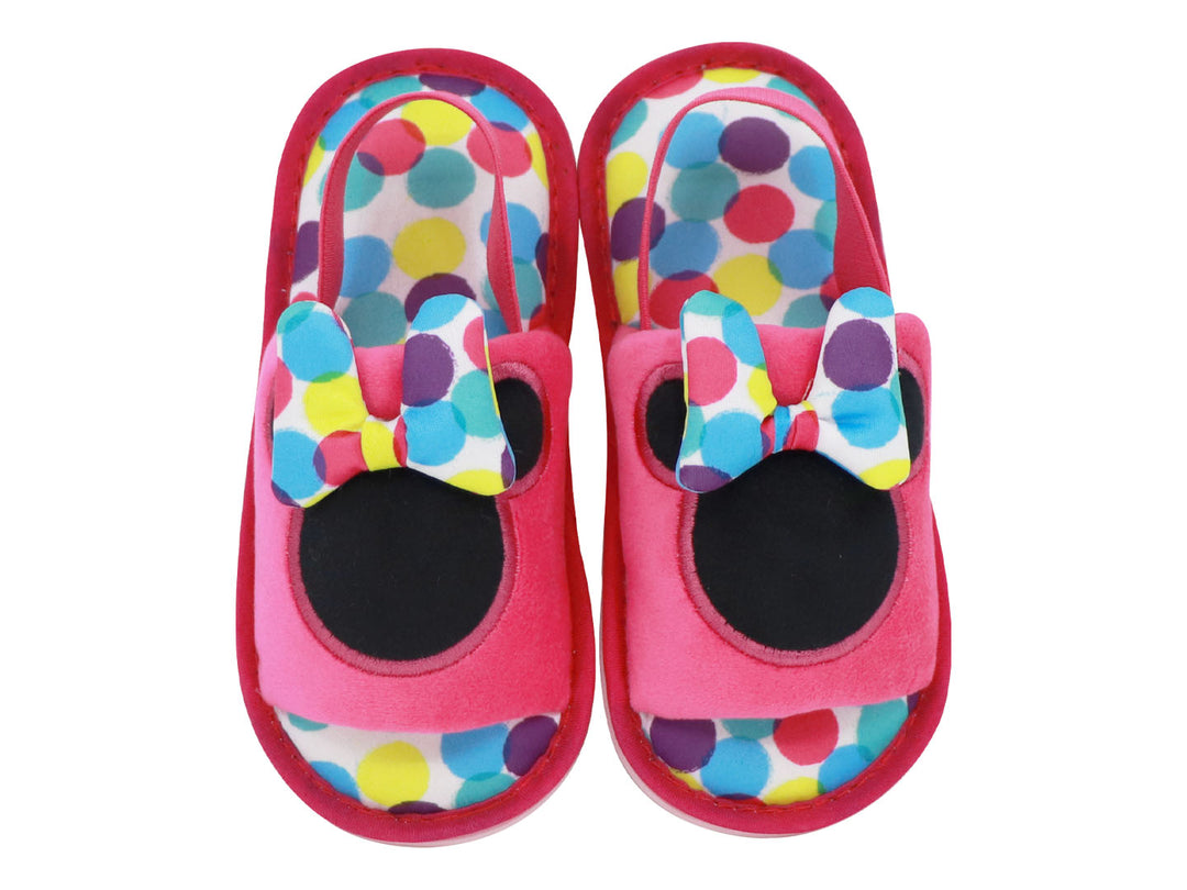 Par de pantuflas rosas infantiles con diseño de Minnie Mouse, moño multicolor y lunares.