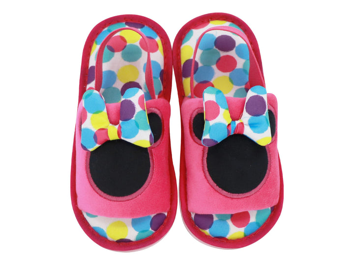 Par de pantuflas rosas infantiles con diseño de Minnie Mouse, moño multicolor y lunares.