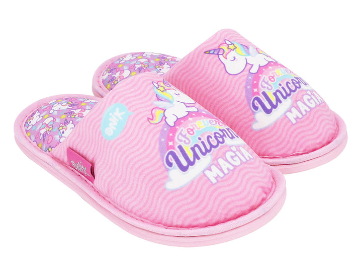 Par de pantuflas rosas para niña con diseño de unicornio y texto &