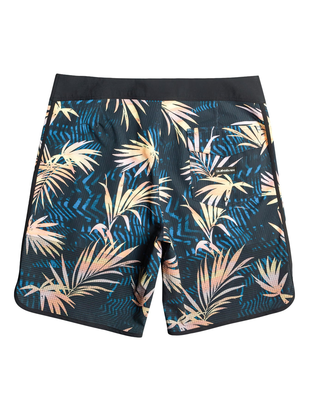 Traje de baño Quiksilver negro con estampado de hojas tropicales en tonos azul y amarillo.