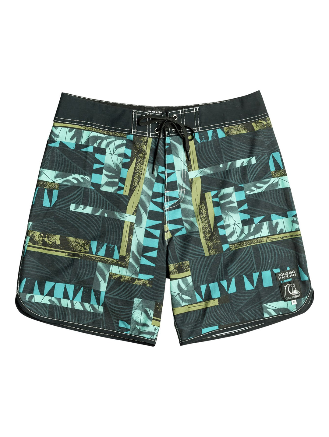 Traje de baño corto Quiksilver negro con estampado geométrico en tonos azul y verde.