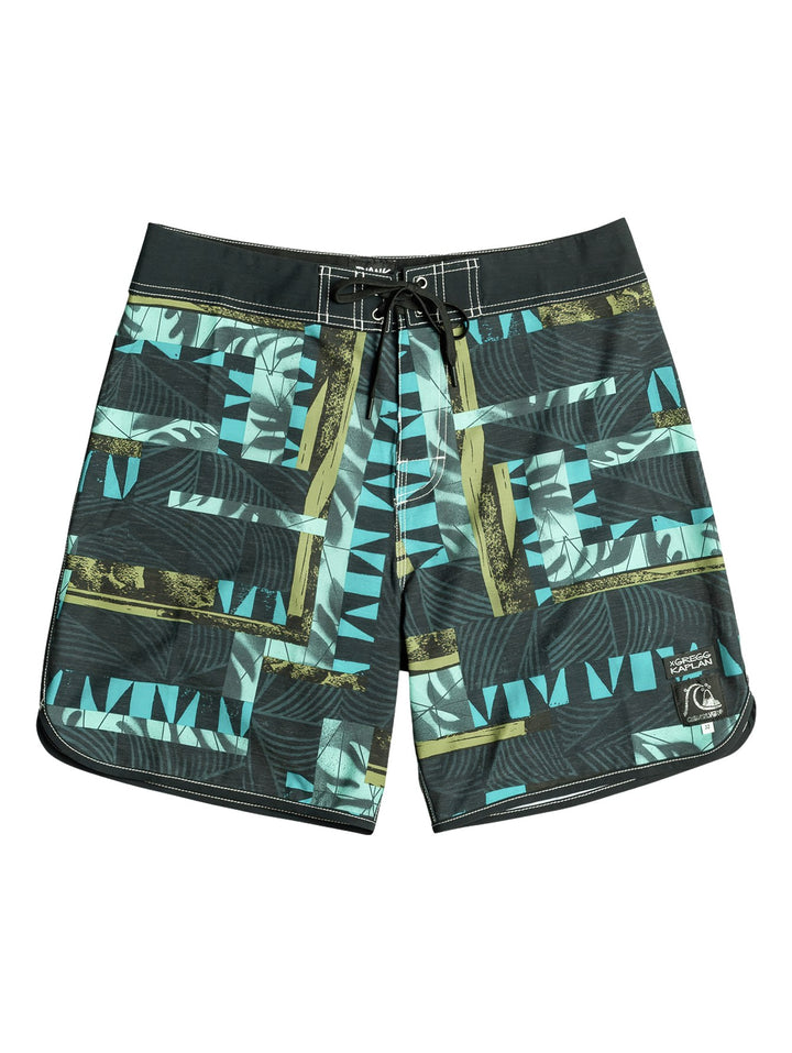 Traje de baño corto Quiksilver negro con estampado geométrico en tonos azul y verde.