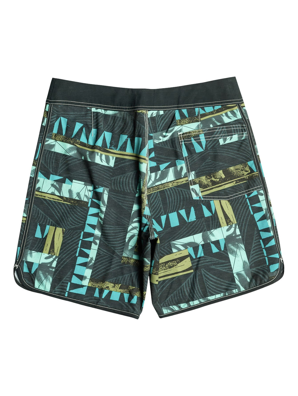 Traje de baño corto Quiksilver negro con estampado geométrico en tonos azul y verde.