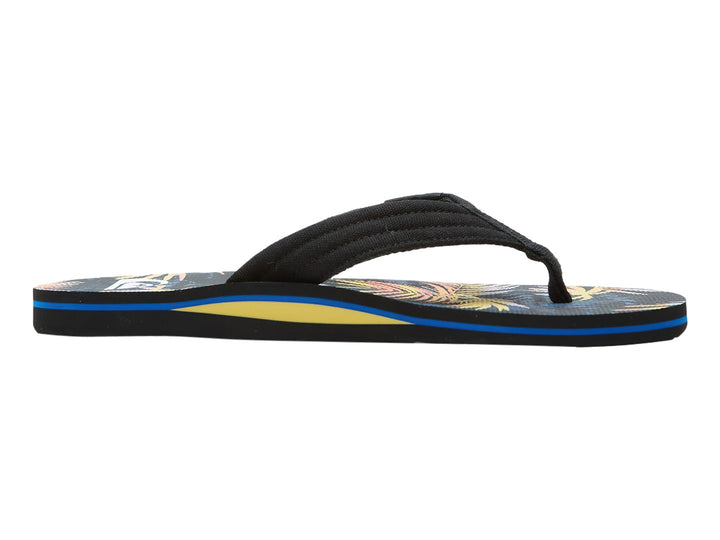 Sandalia de dedo Quiksilver en color negro con franja azul y estampado colorido en la plantilla.