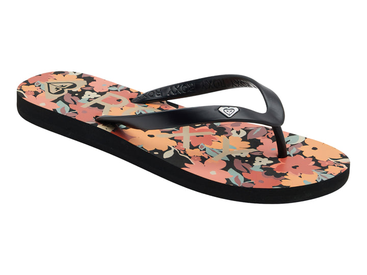 Sandalias de dedo negras con estampado floral en colores naranja y azul.