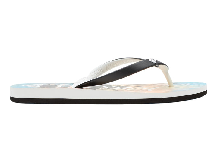 Sandalias ROXY Tahiti VII con correa negra, suela blanca y plantilla estampada.