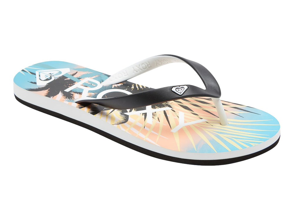 Sandalias ROXY Tahiti VII con correa negra, suela blanca y plantilla estampada.