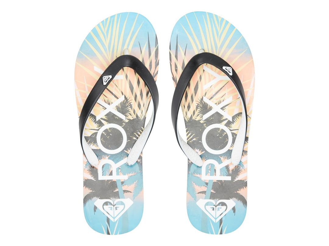 Sandalias ROXY Tahiti VII con correa negra, suela blanca y plantilla estampada.