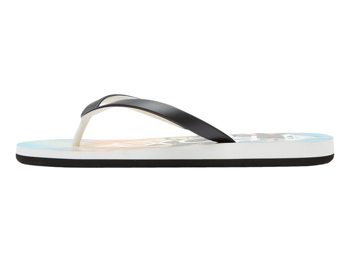 Sandalias ROXY Tahiti VII con correa negra, suela blanca y plantilla estampada.