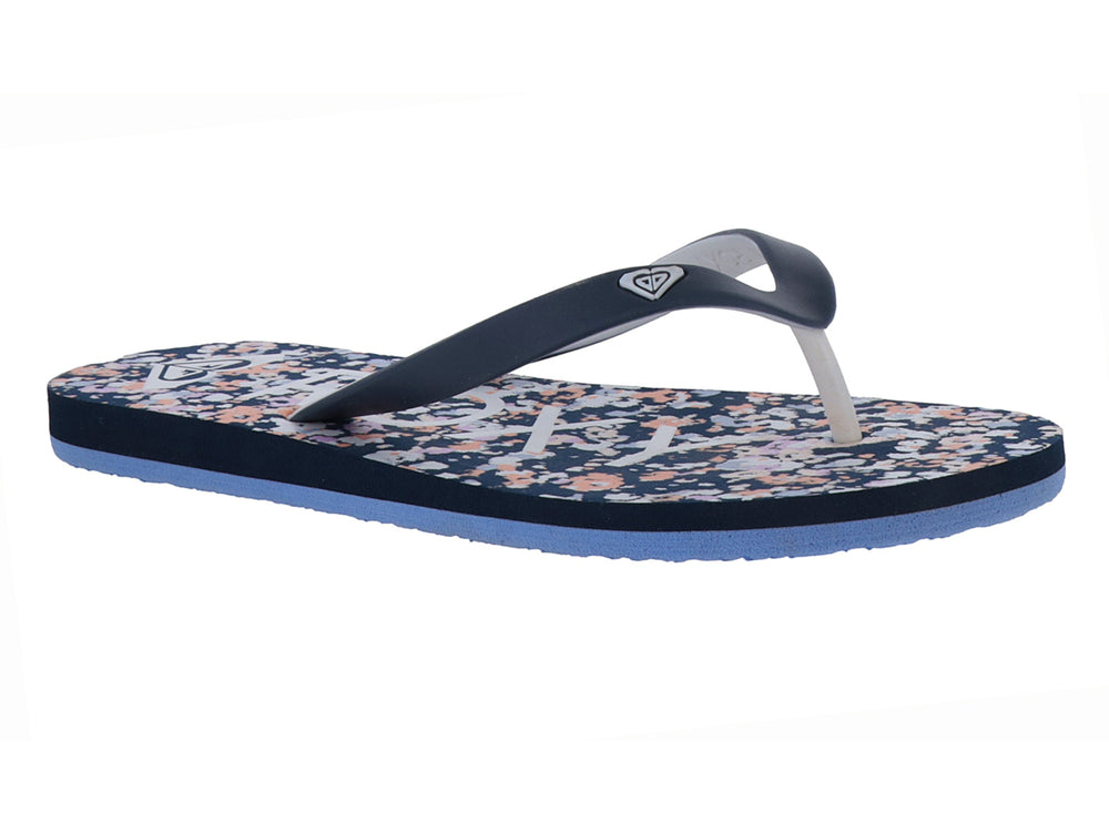 Sandalias ROXY azules con plantilla estampada en tonos blanco y rosa y tiras oscuras.