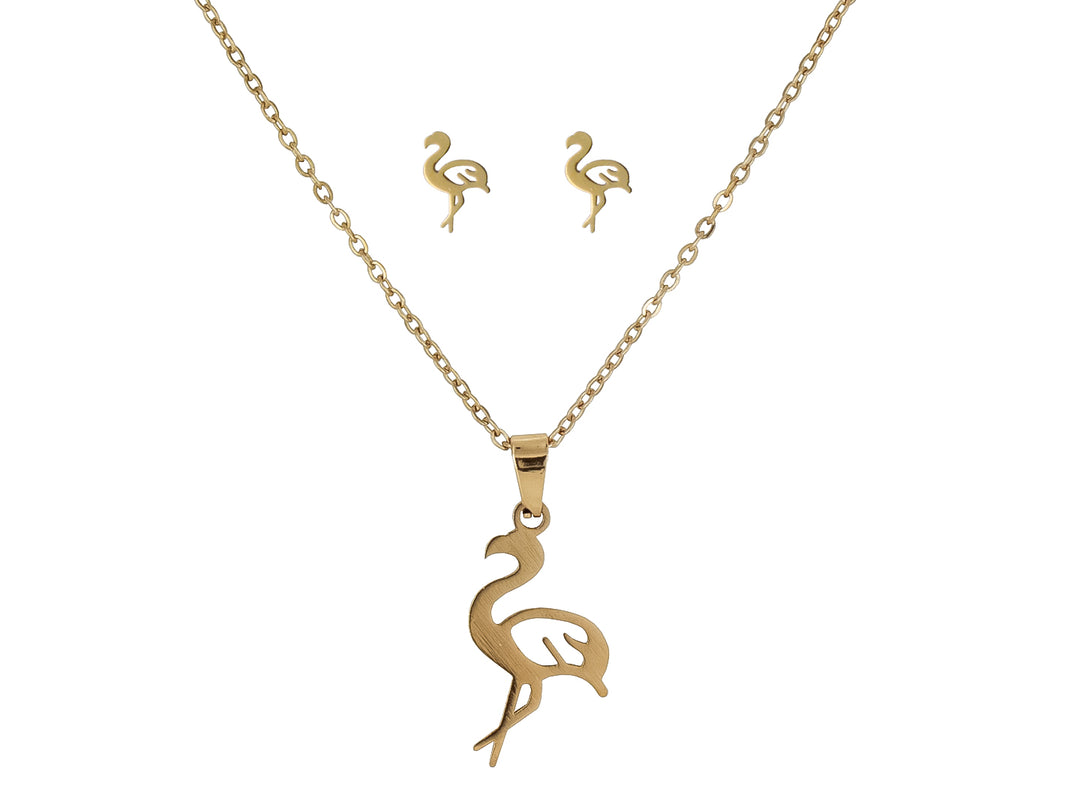Set de joyería dorado compuesto por un collar y aretes con diseño de flamenco.