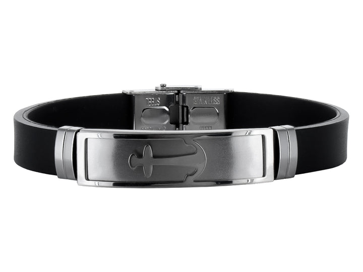 Pulsera de banda negra con placa central de metal plateado y cierre ajustable.