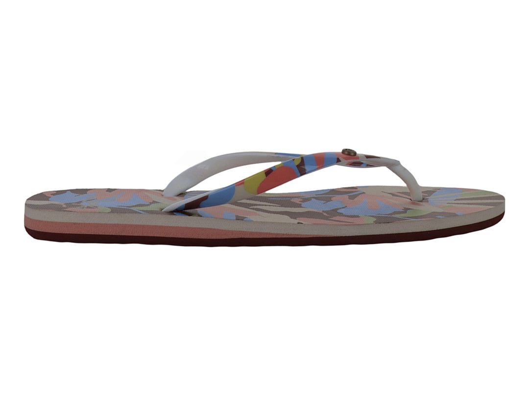 Sandalias ROXY modelo Portofino III con estampado multicolor y correas blancas.