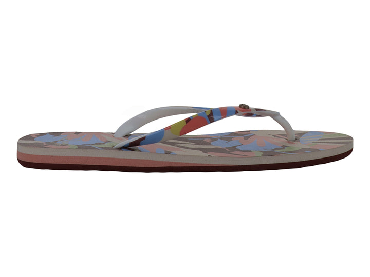 Sandalias ROXY modelo Portofino III con estampado multicolor y correas blancas.