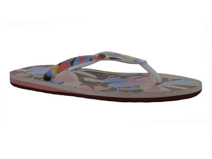 Sandalias ROXY modelo Portofino III con estampado multicolor y correas blancas.