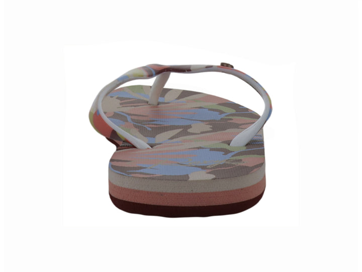 Sandalias ROXY modelo Portofino III con estampado multicolor y correas blancas.