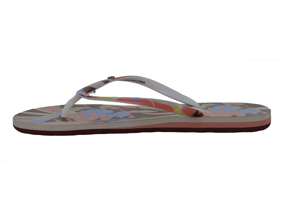 Sandalias ROXY modelo Portofino III con estampado multicolor y correas blancas.