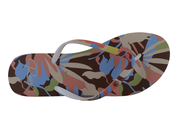 Sandalias ROXY modelo Portofino III con estampado multicolor y correas blancas.
