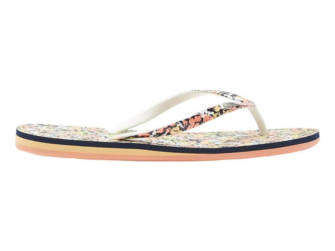 Sandalias ROXY Portofino III con estampado floral, suela azul marino y base color durazno.