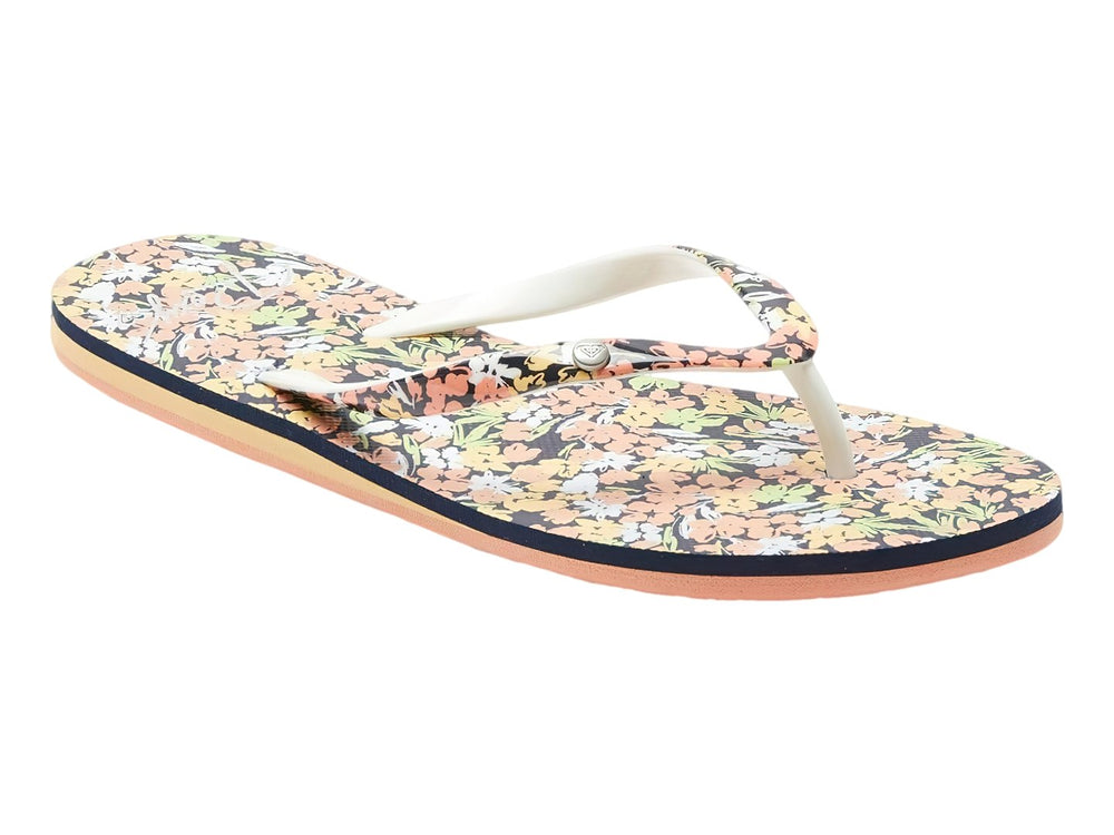 Sandalias ROXY Portofino III con estampado floral, suela azul marino y base color durazno.
