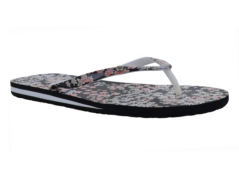 Sandalias Roxy negras con estampado floral rosa y blanco y suela blanca.
