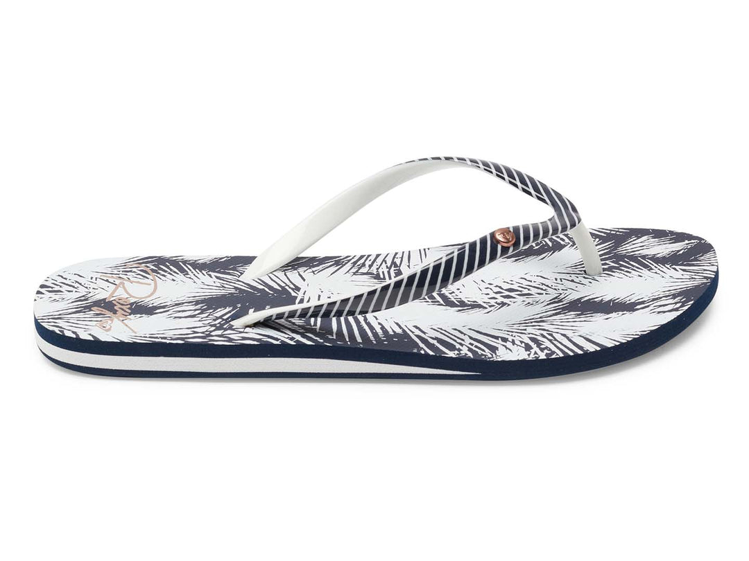 Sandalias ROXY Portofino III J azul marino y blanco con estampado tropical y tiras a rayas.