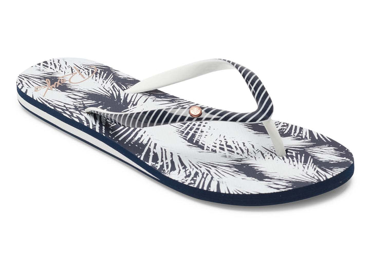 Sandalias ROXY Portofino III J azul marino y blanco con estampado tropical y tiras a rayas.
