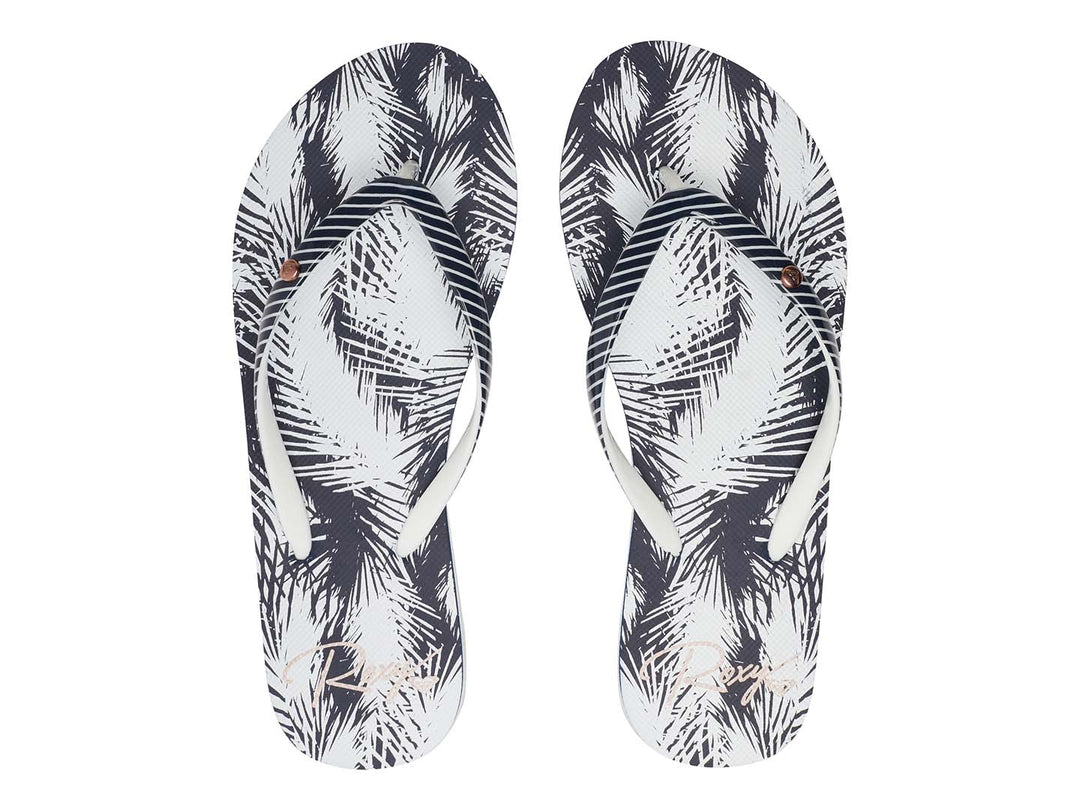Sandalias ROXY Portofino III J azul marino y blanco con estampado tropical y tiras a rayas.