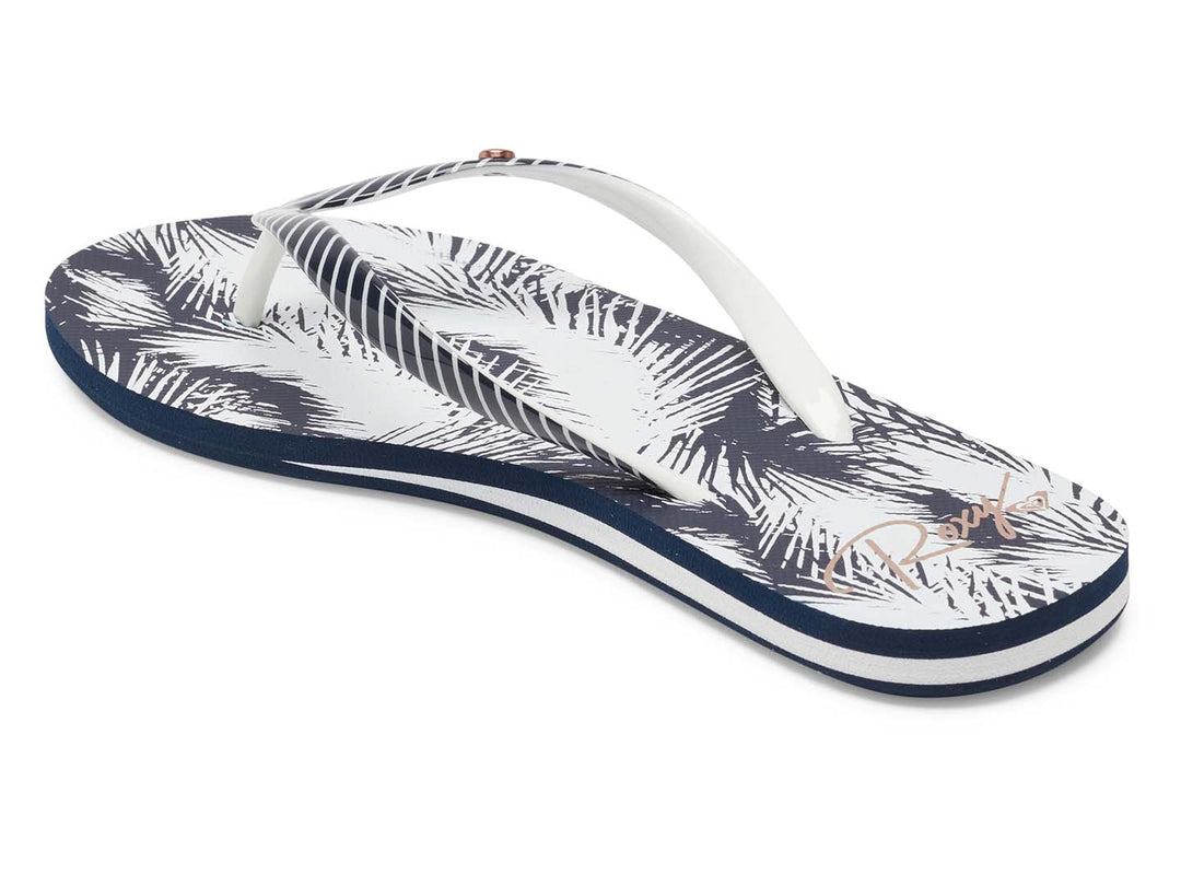 Sandalias ROXY Portofino III J azul marino y blanco con estampado tropical y tiras a rayas.