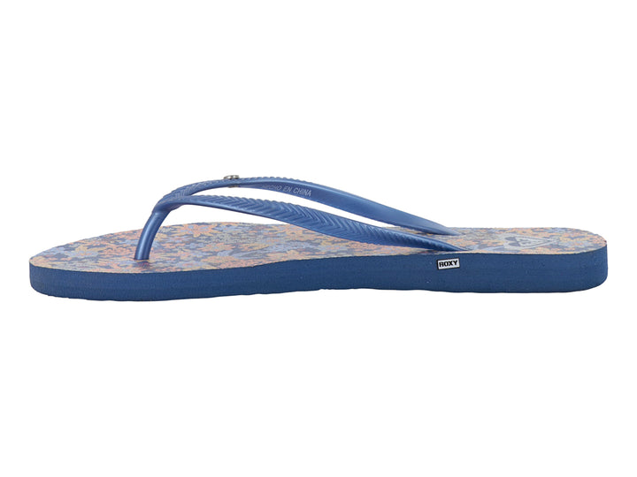 Sandalias de dedo ROXY color azul con plantilla estampada multicolor.