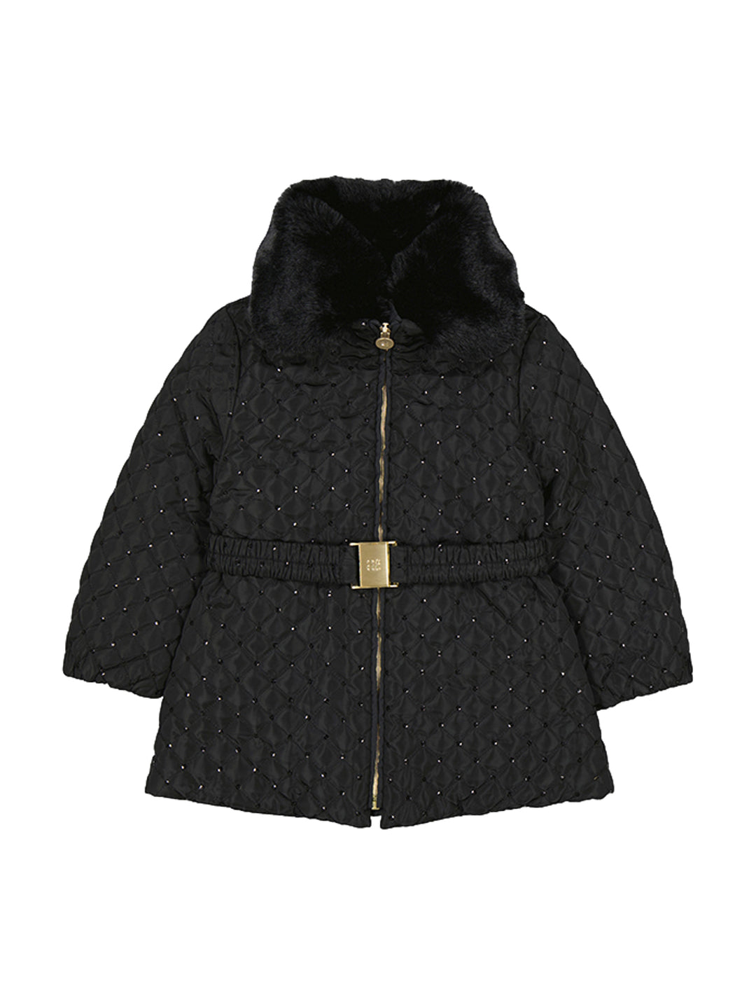 Chaquetón acolchado negro con lentejuelas, cuello de piel sintética y cinturón con hebilla dorada.