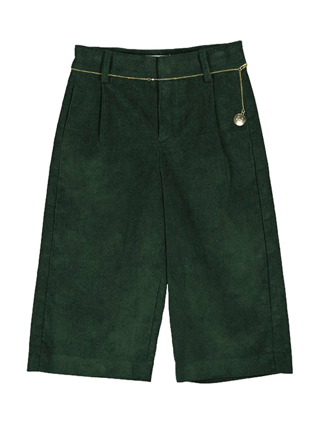 Pantalones culotte de pana color verde botella con detalle de cadena dorada en la cintura.
