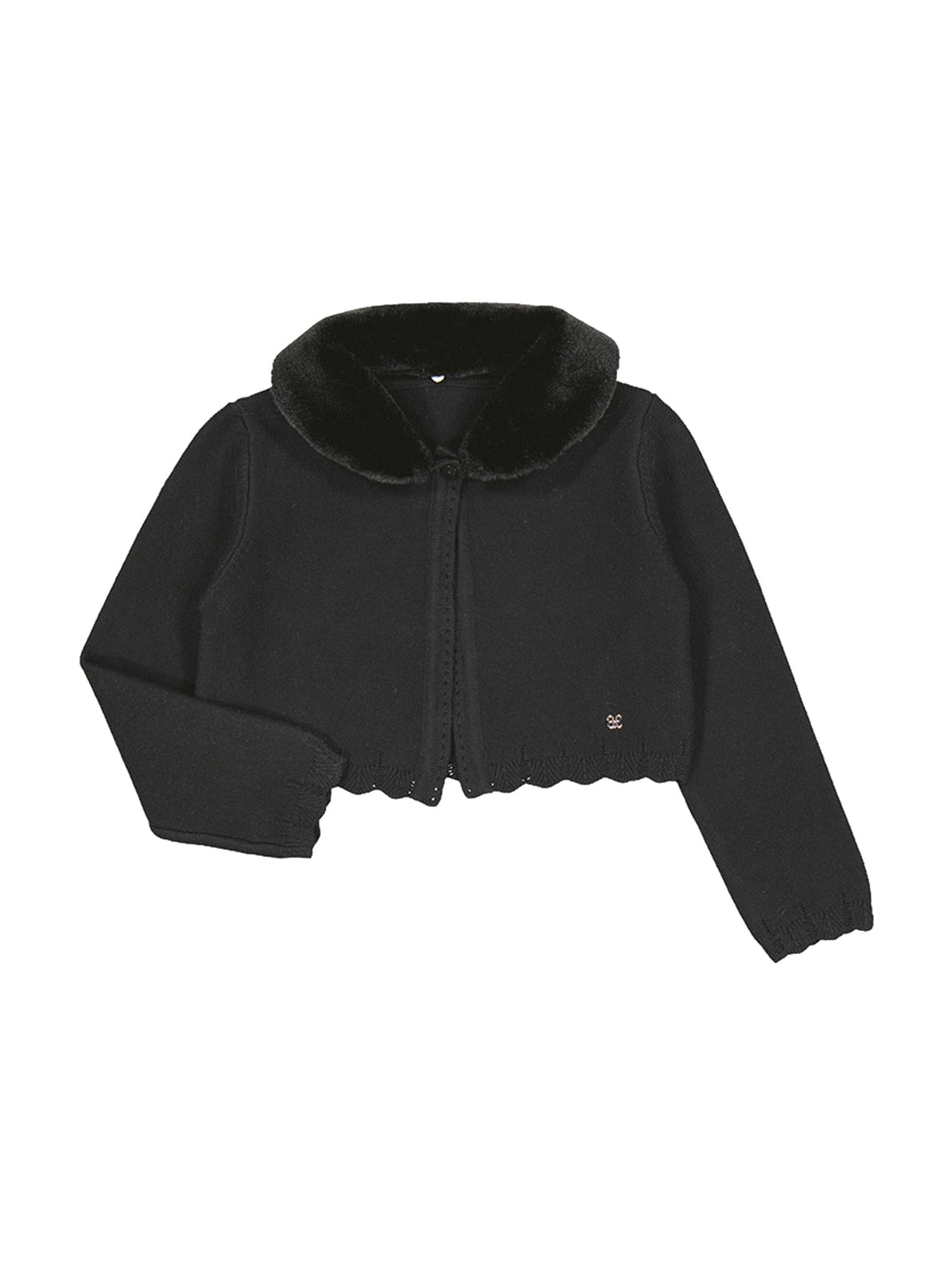Rebeca de tricot color negro con cuello de pelo sintético para niña.