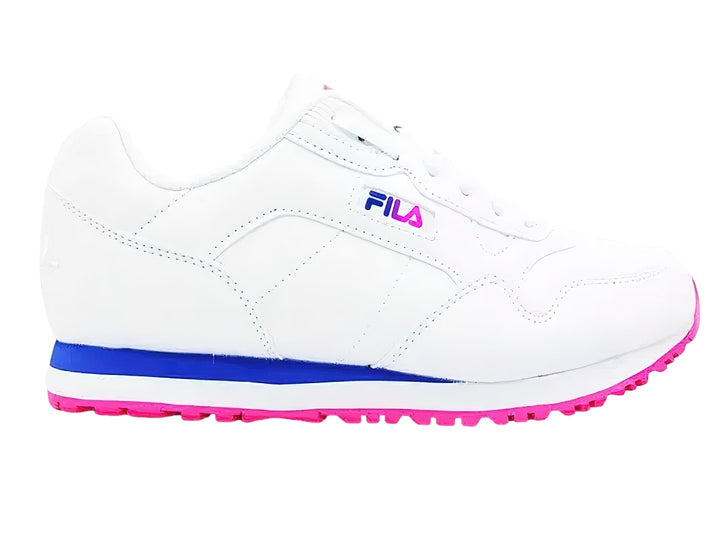 Tenis FILA CRESS PLUS color blanco con franja azul y suela rosa.