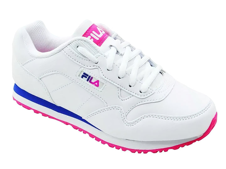 Tenis FILA CRESS PLUS color blanco con franja azul y suela rosa.