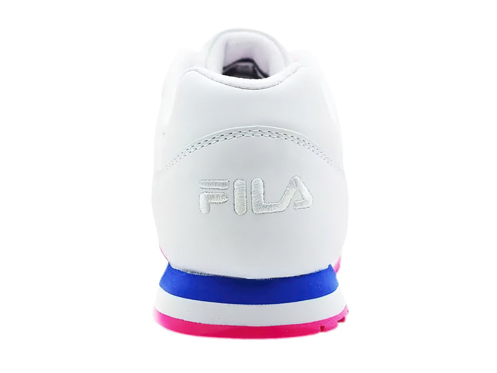 Tenis FILA CRESS PLUS color blanco con franja azul y suela rosa.