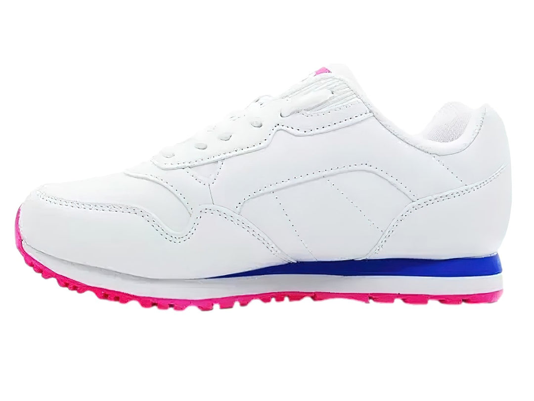 Tenis FILA CRESS PLUS color blanco con franja azul y suela rosa.